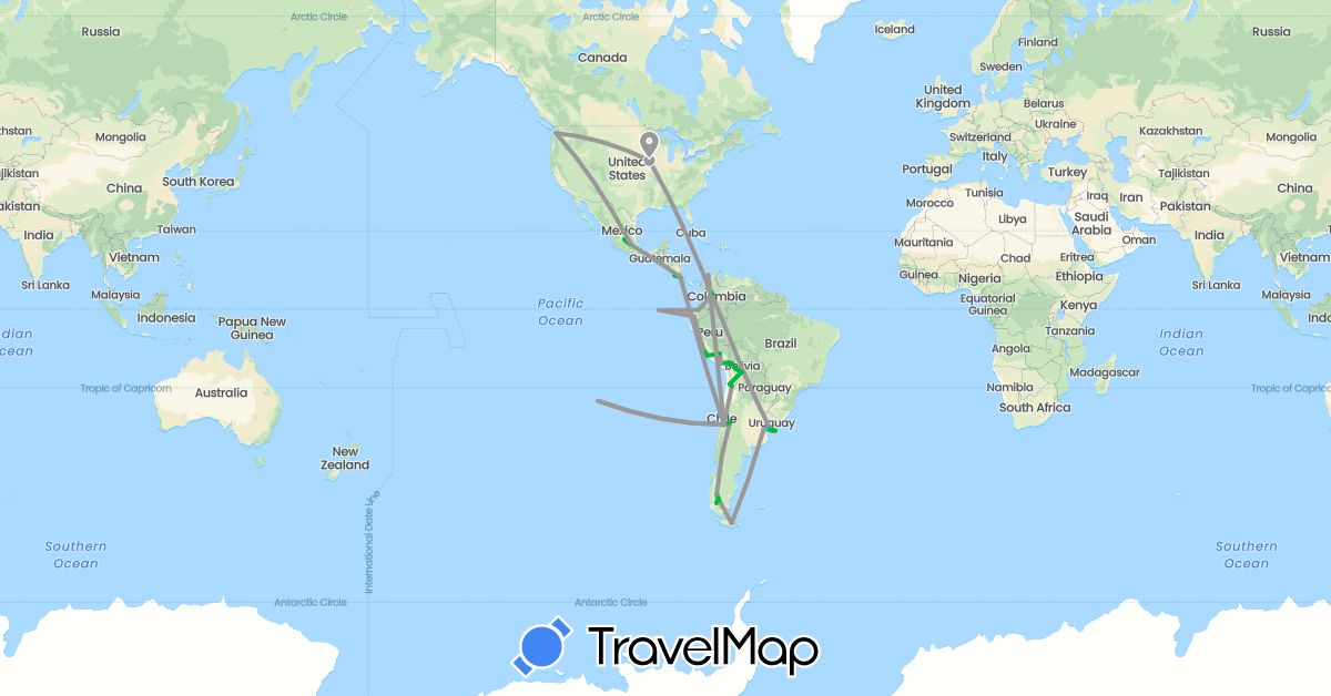 TravelMap itinerary: driving, bus, plane, boat in Argentina, Bolivia, Chile, Colombia, Costa Rica, Ecuador, Mexico, Peru, United States, Uruguay (North America, South America)
